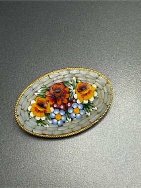 ❤️2/$80 Vintage  Floral Micro-Mosaic Brooch in Yellow, Orange & Blue